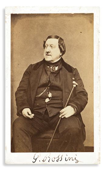 ROSSINI, GIOACCHINO. Photograph Inscribed and Signed, G. Rossini twice, carte de visite, half-length portrait showing him seated.